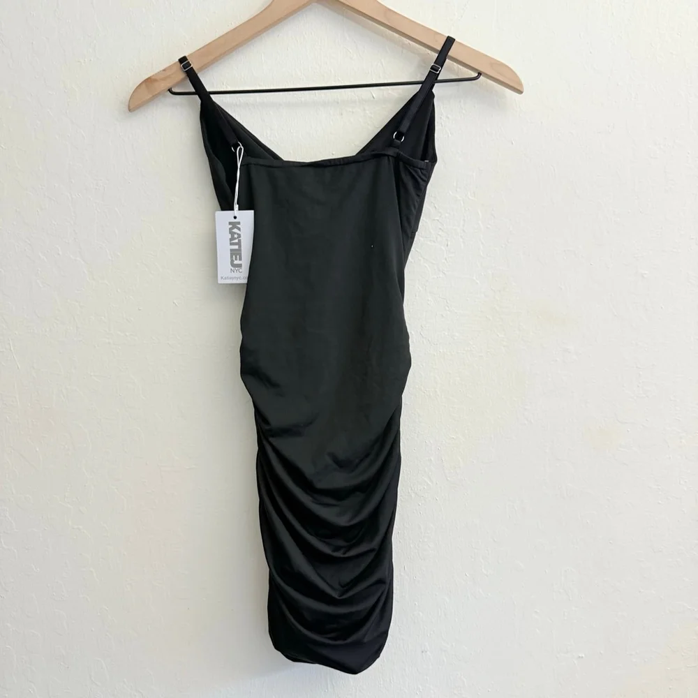 KATIEJ NYC Women's Black Spaghetti Strap Ruched Mini Dress Medium NWT